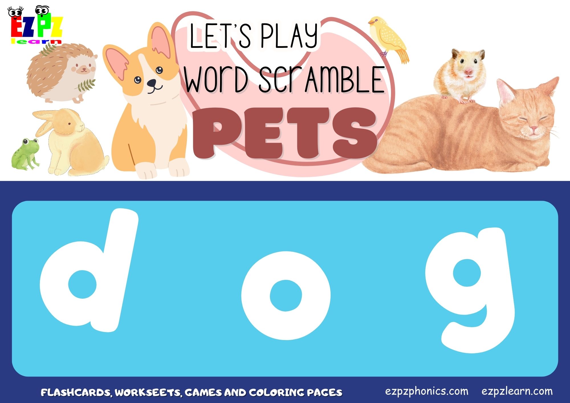 Pets Animals Word Scramble Guessing Game. Great for kids and English language learners.
